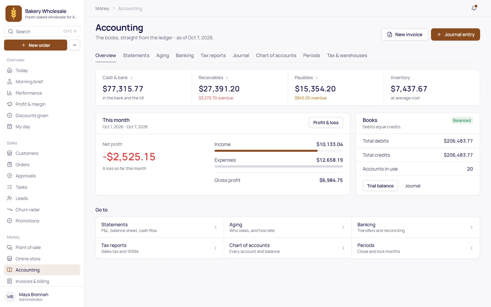 The accounting overview: cash and bank, receivables, payables and recent journal entries