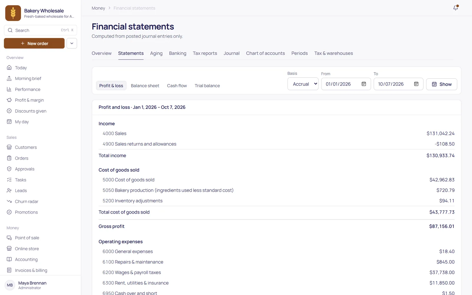 TranzSuite on a computer: the profit and loss statement, straight from the ledger