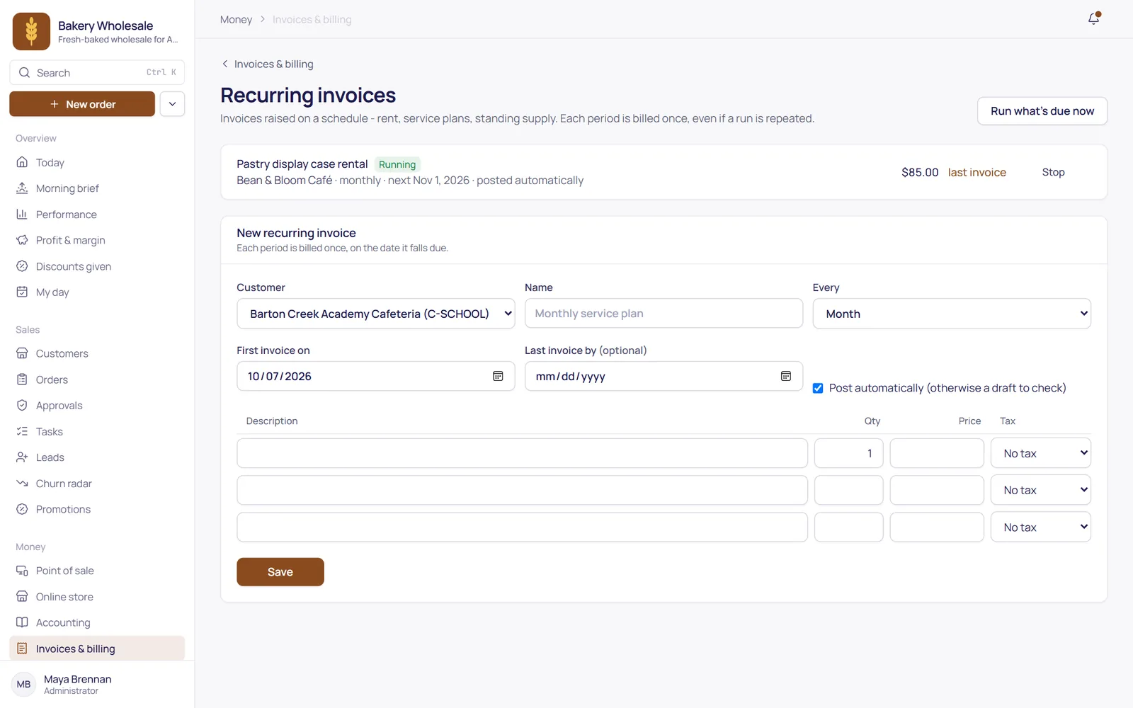 Recurring invoices: each schedule with its customer, frequency and next date