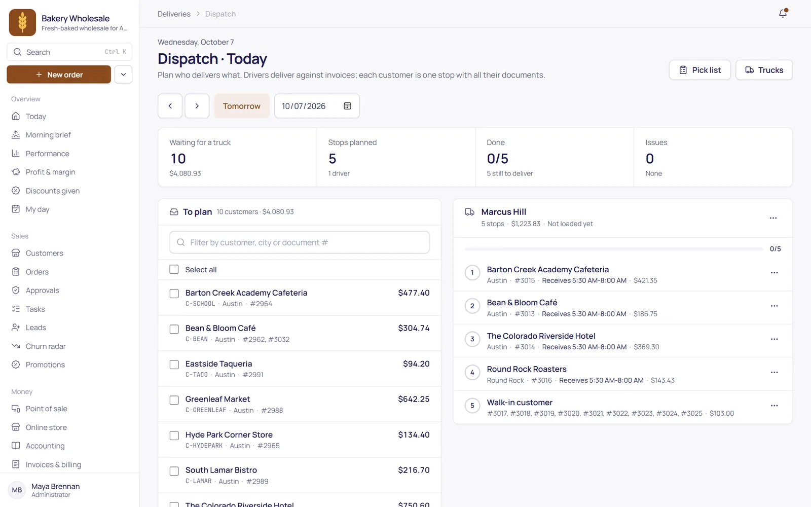 The dispatch board: deliveries to plan and a driver's run in stop order