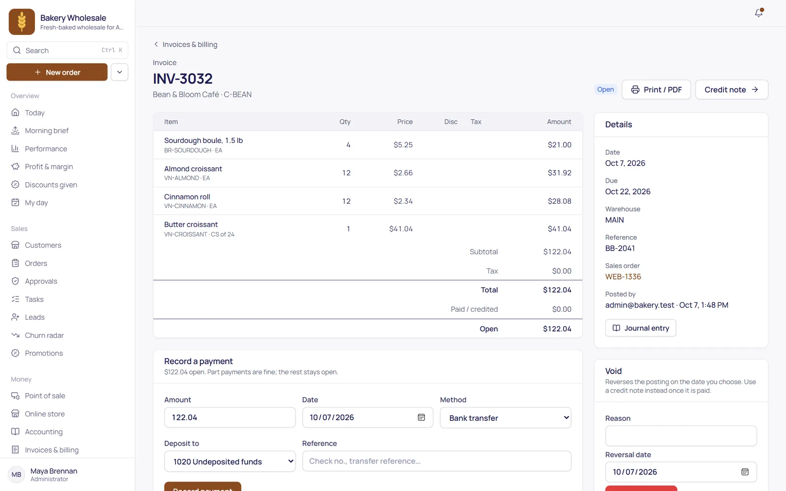 An invoice in TranzSuite with its lines, totals and a payment form