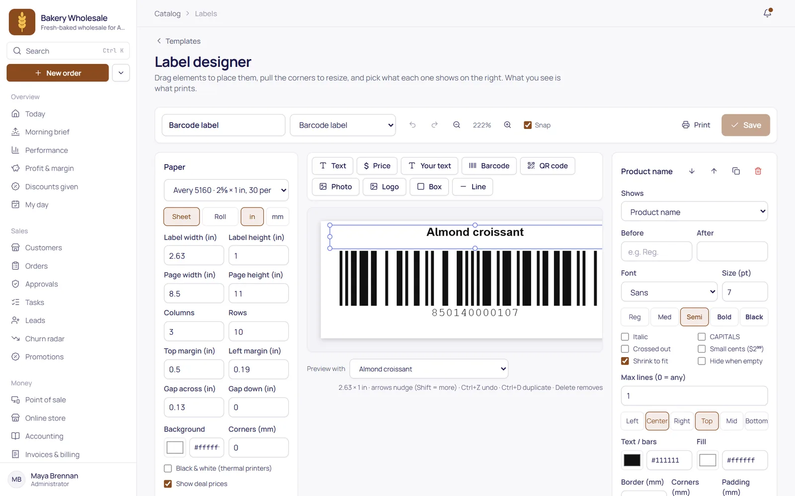 The label designer with a barcode label for a product