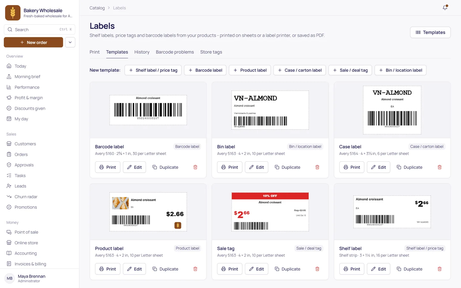 Label templates: barcode, bin, case, product, sale and shelf labels with live previews