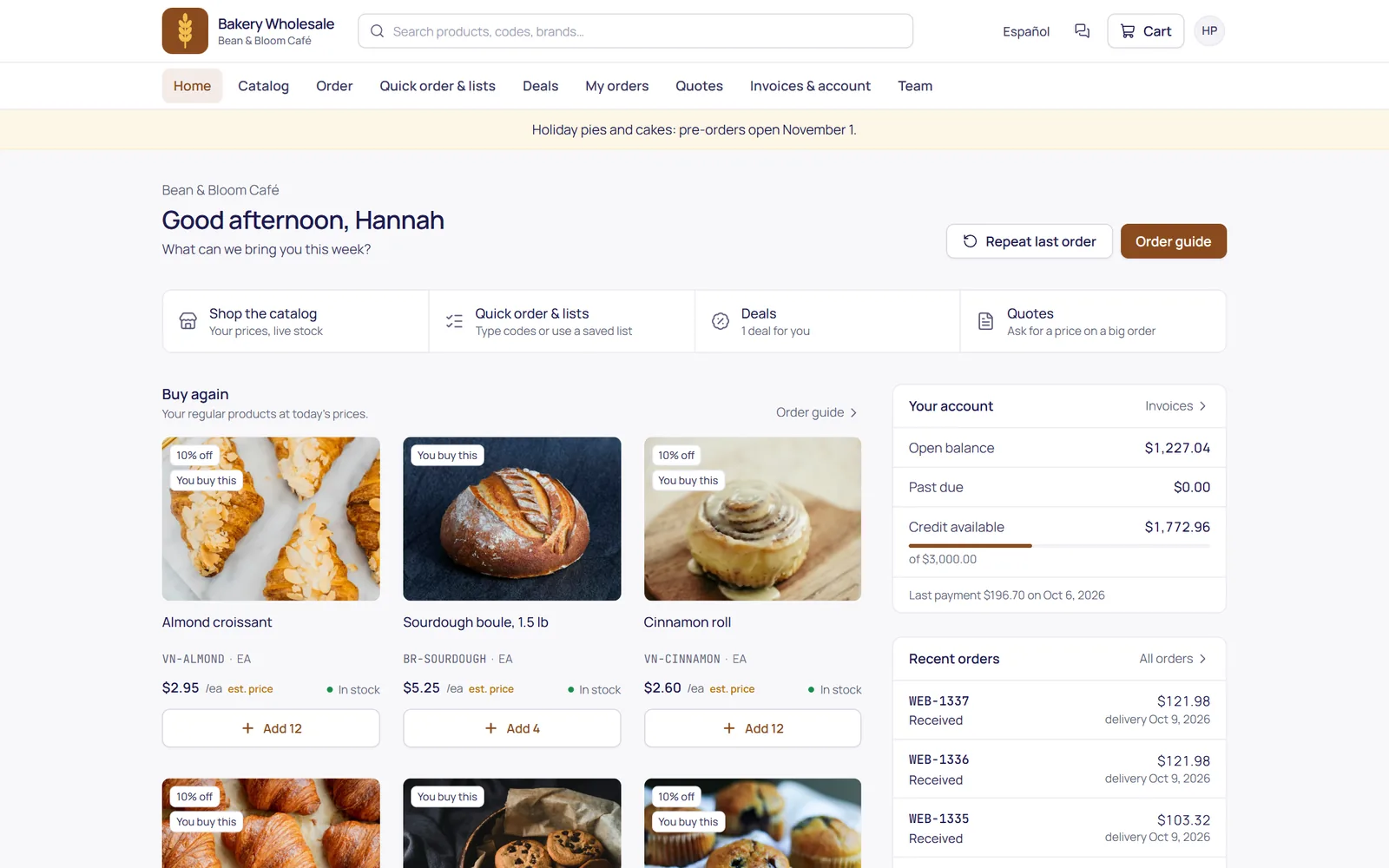 The B2B ordering portal: the customer's usual products, account balance and recent orders