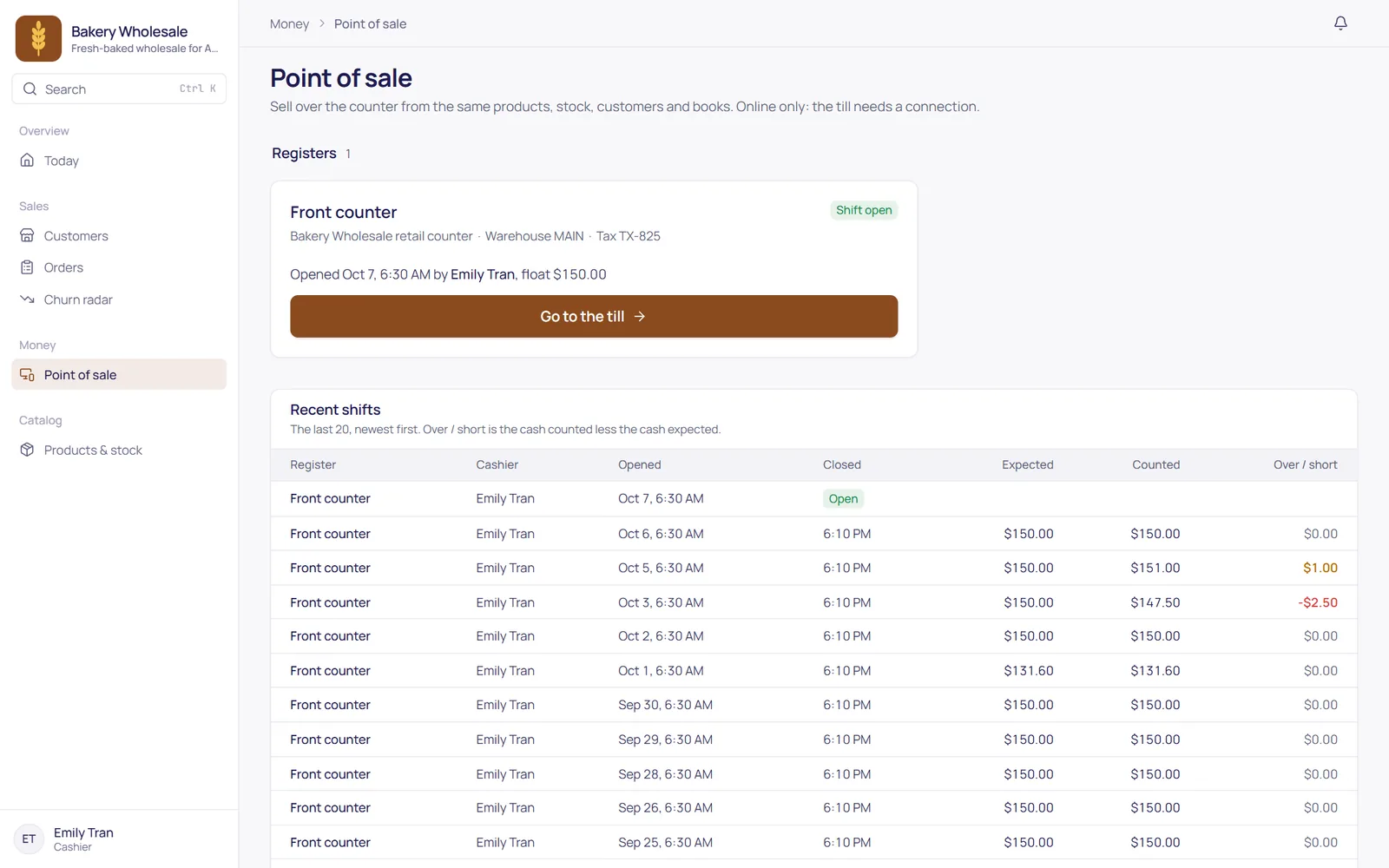 Registers and shifts: the open shift and recent shifts with cash expected, counted and over or short