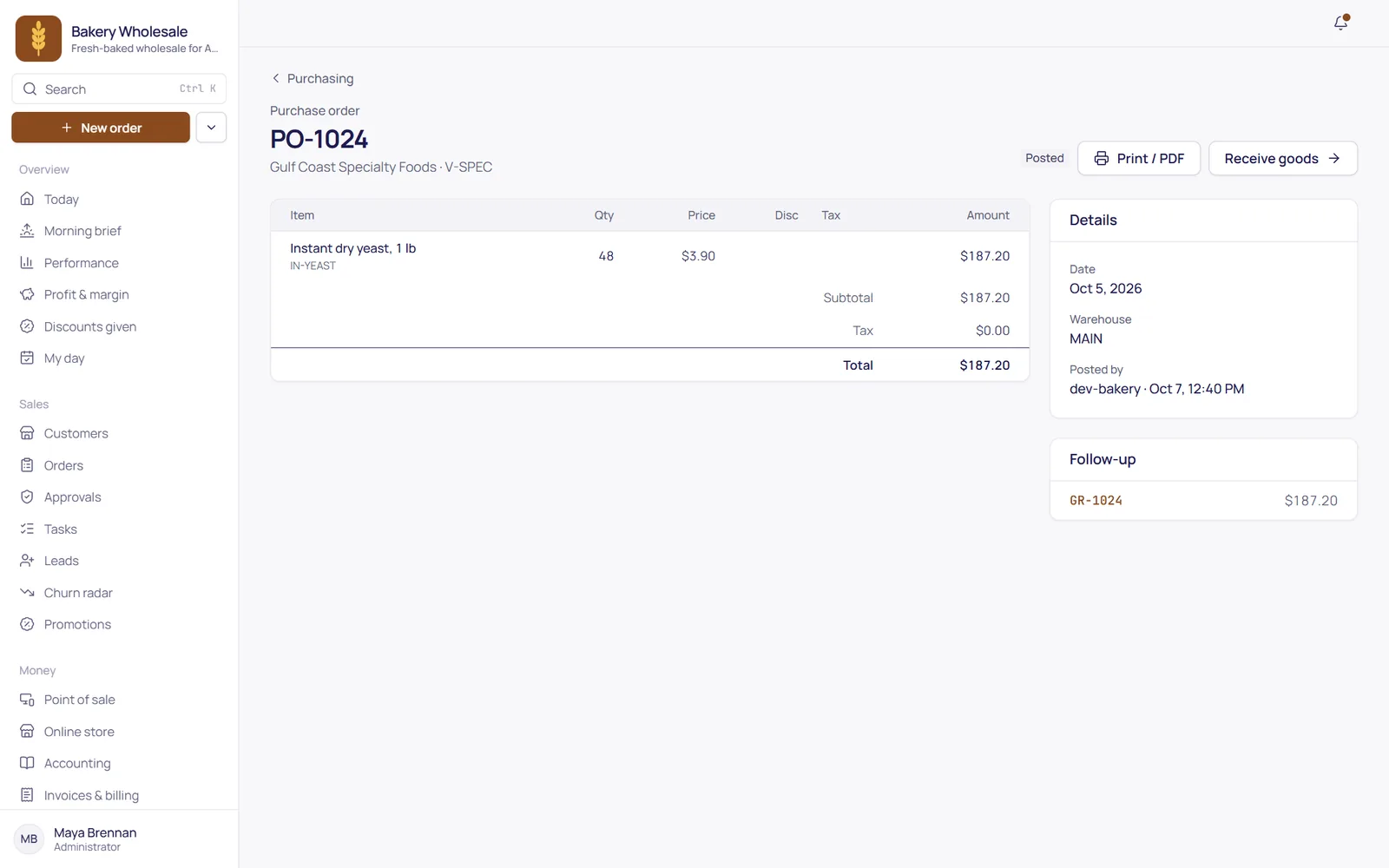 A posted purchase order with its goods receipt