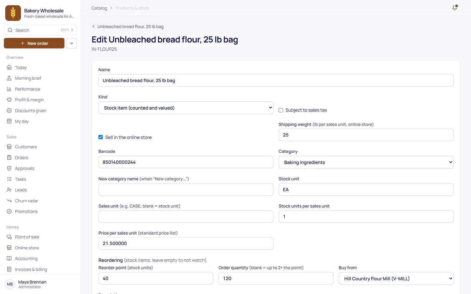 A product's reordering settings: reorder point, order quantity and the vendor to buy from