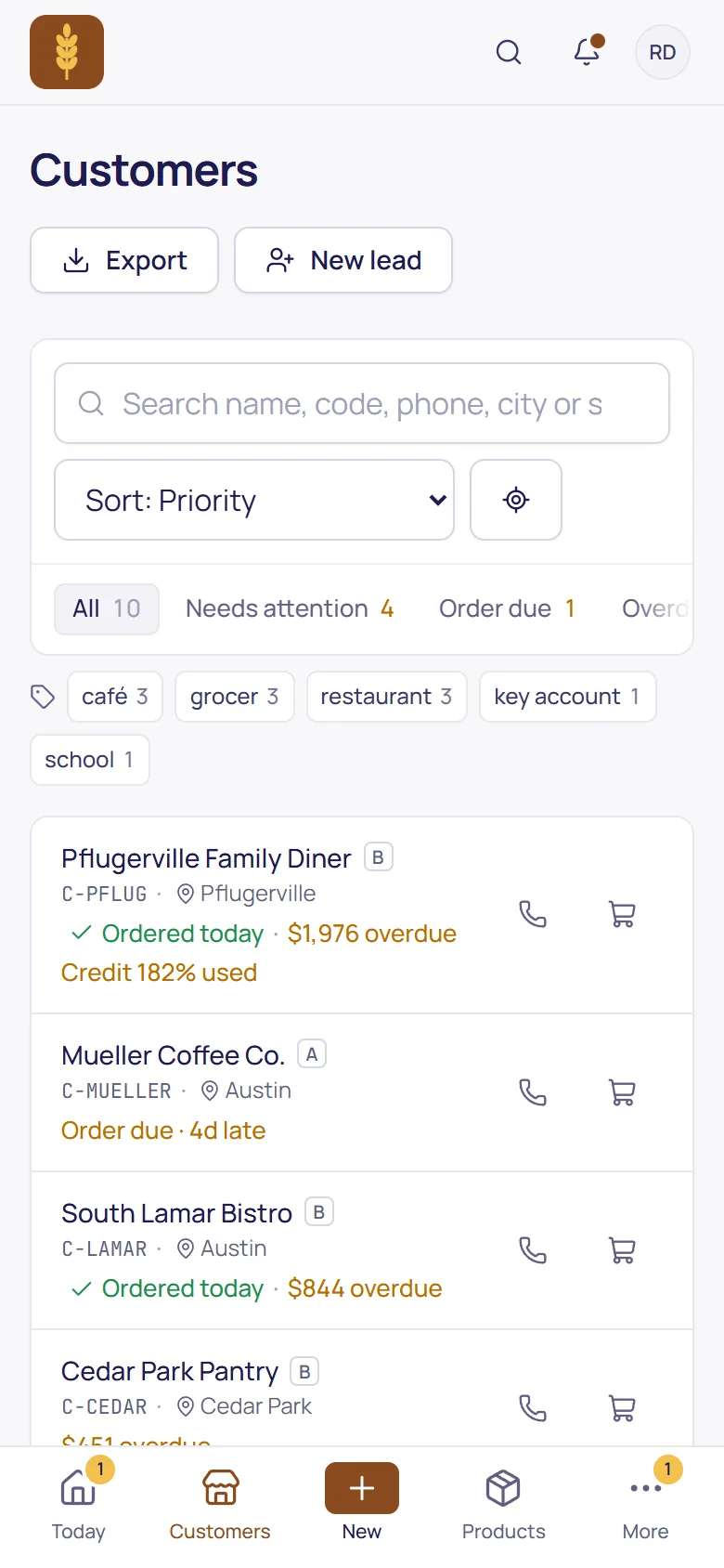 The rep's customers in priority order, with balances and what needs doing