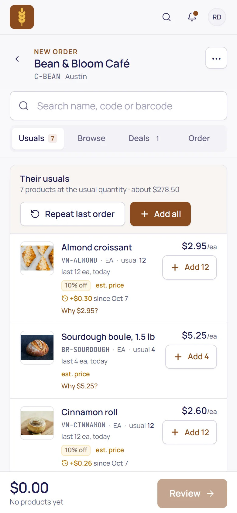 The rep app: an order with the customer's usual products