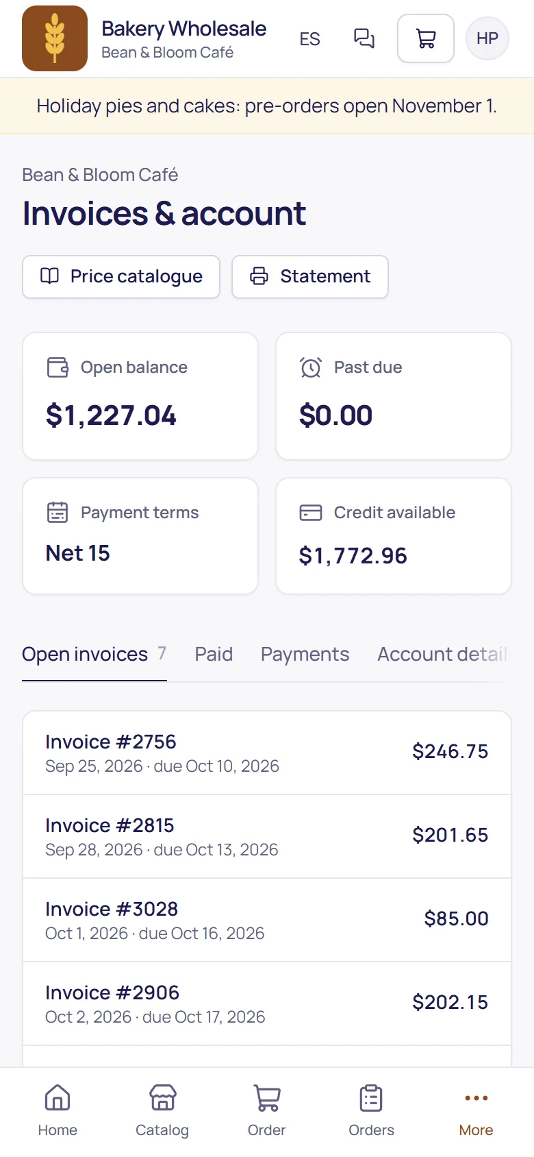 The customer's account: invoices and balance
