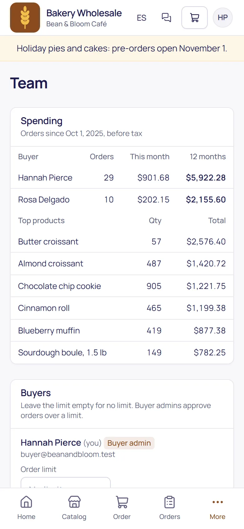 The customer's team: buyers, their order limits and orders waiting for approval