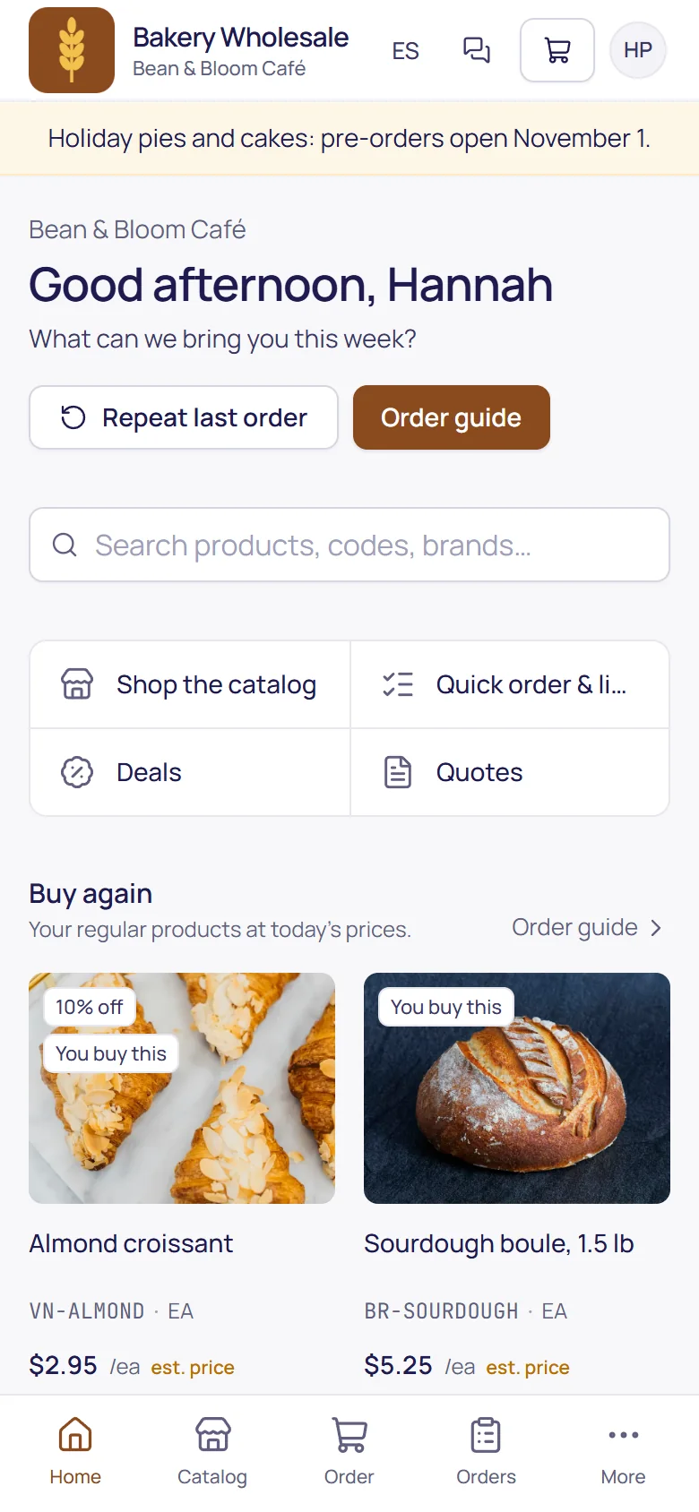 The B2B ordering portal on a phone: a café ordering at its own prices
