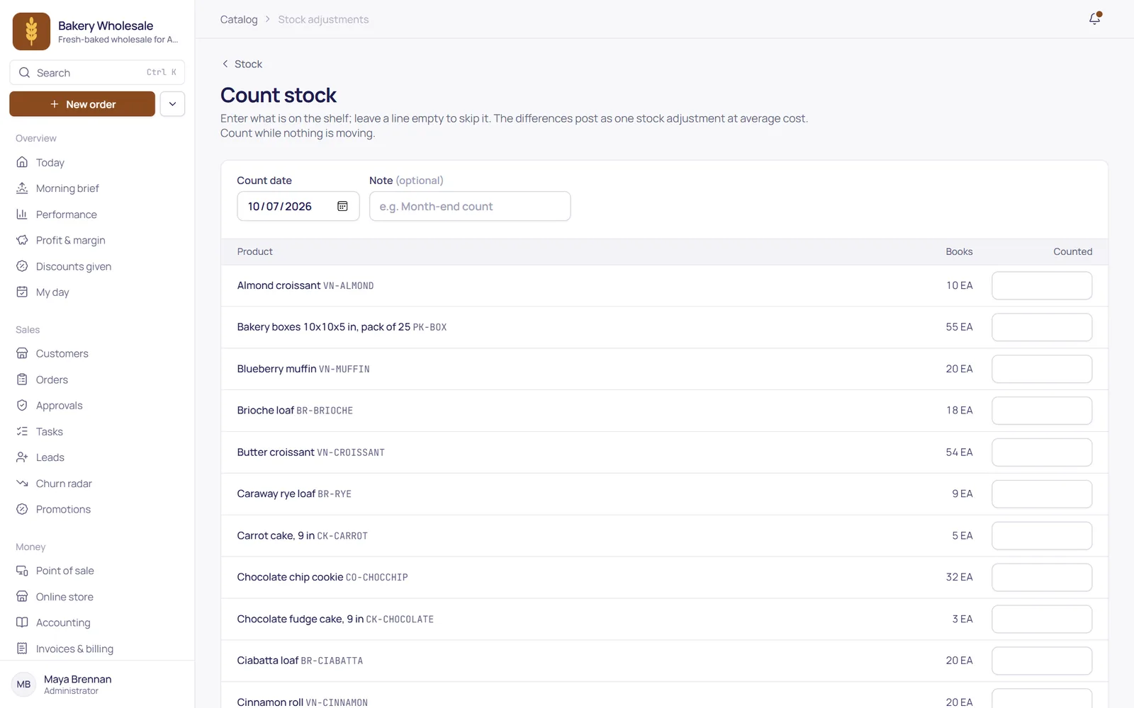 A stock count: counted quantities against on hand, with the differences