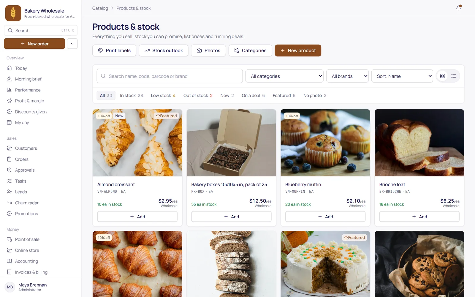 Products and stock: product photos, prices, stock on hand and deals